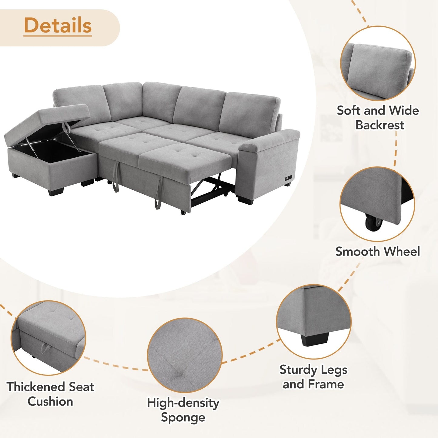Modern L Shaped Velvet Couch Sleeper, Corner Sectional Sofa Bed with Storage Ottoman & Hidden Arm Storage & USB Charge