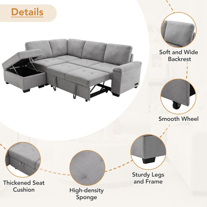 Modern L Shaped Velvet Couch Sleeper, Corner Sectional Sofa Bed with Storage Ottoman & Hidden Arm Storage & USB Charge