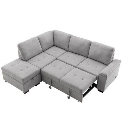 Modern L Shaped Velvet Couch Sleeper, Corner Sectional Sofa Bed with Storage Ottoman & Hidden Arm Storage & USB Charge