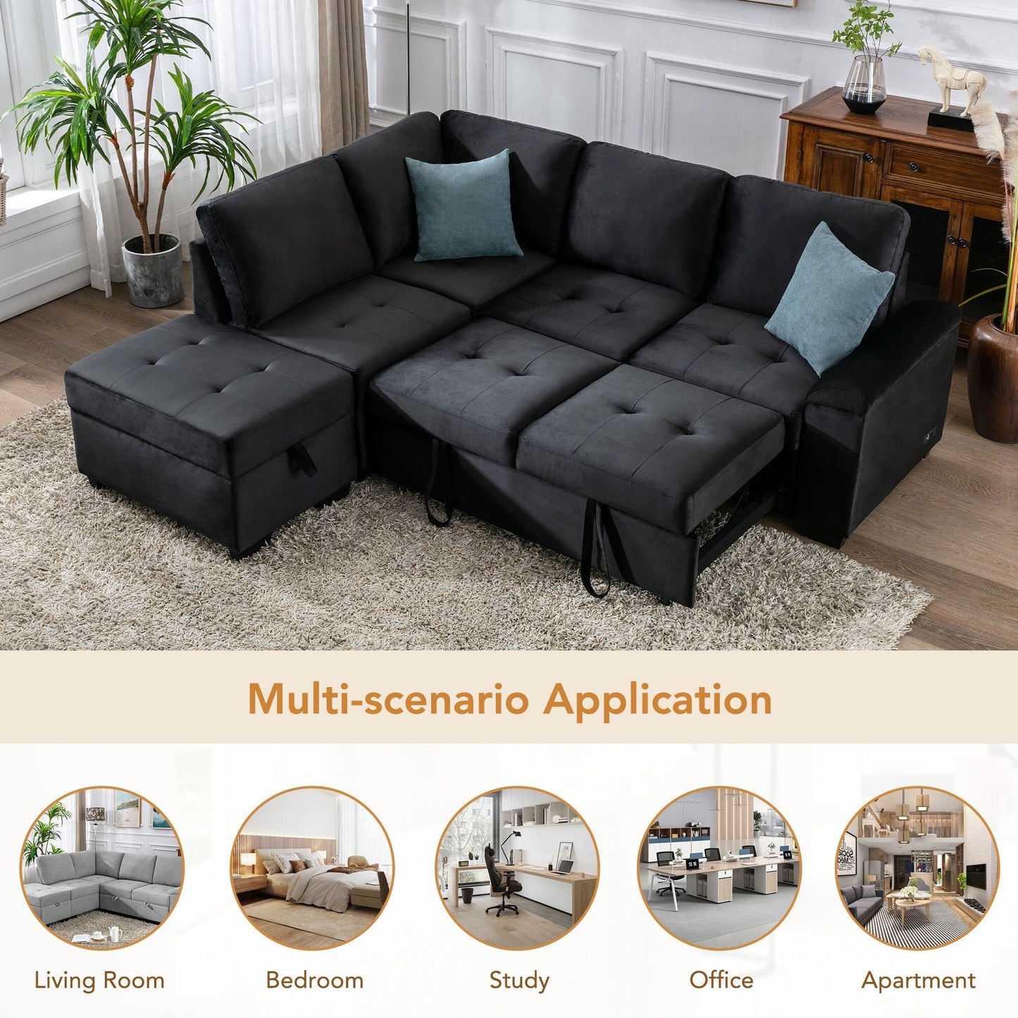 Modern L Shaped Velvet Couch Sleeper, Corner Sectional Sofa Bed with Storage Ottoman & Hidden Arm Storage & USB Charge