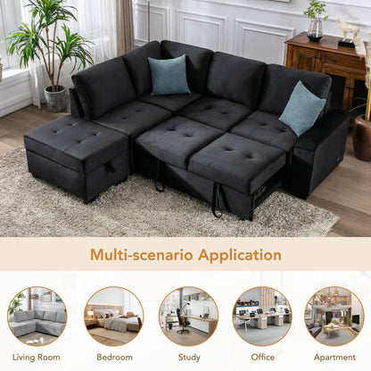 Modern L Shaped Velvet Couch Sleeper, Corner Sectional Sofa Bed with Storage Ottoman & Hidden Arm Storage & USB Charge