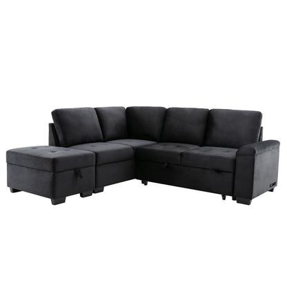 Modern L Shaped Velvet Couch Sleeper, Corner Sectional Sofa Bed with Storage Ottoman & Hidden Arm Storage & USB Charge