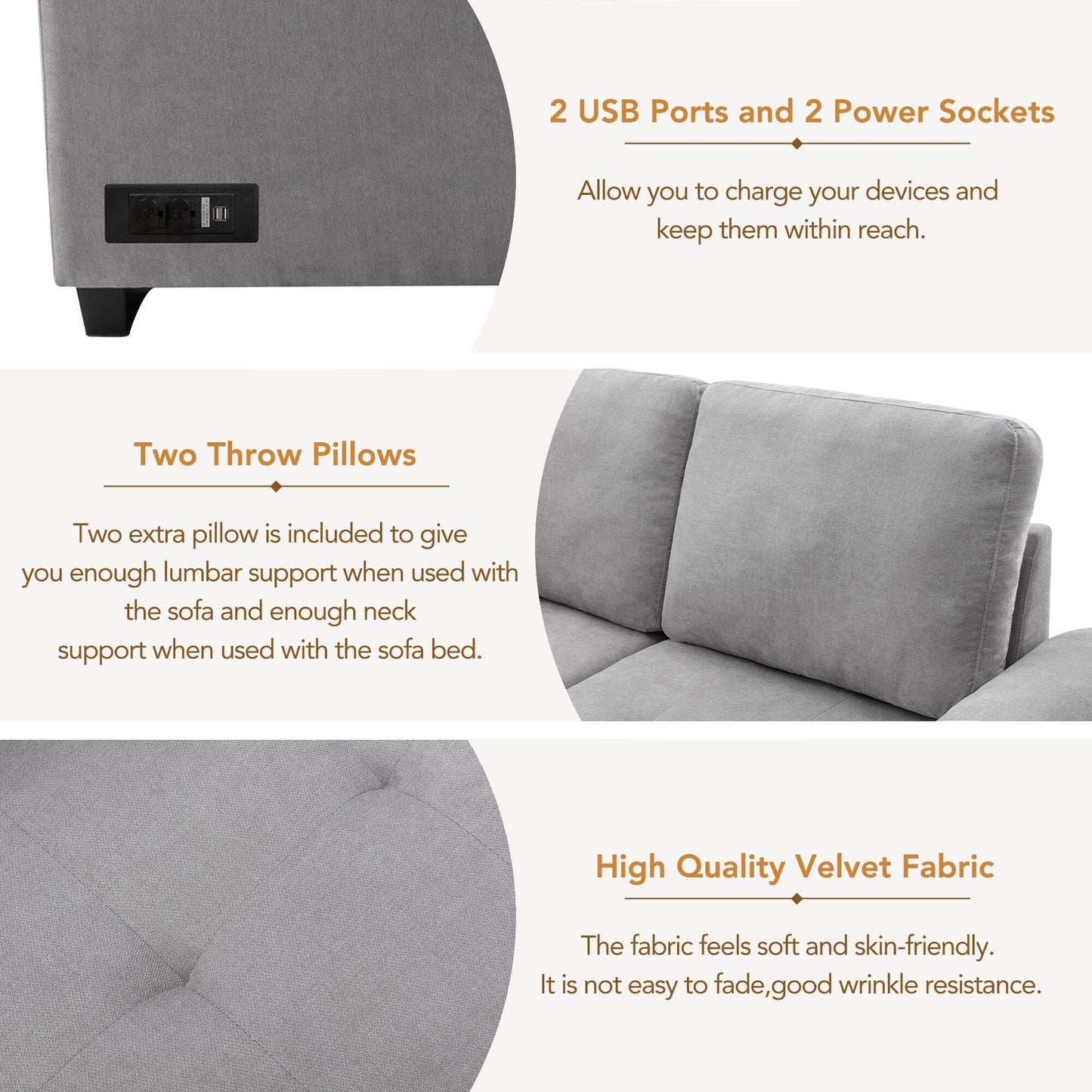 Modern L Shaped Velvet Couch Sleeper, Corner Sectional Sofa Bed with Storage Ottoman & Hidden Arm Storage & USB Charge