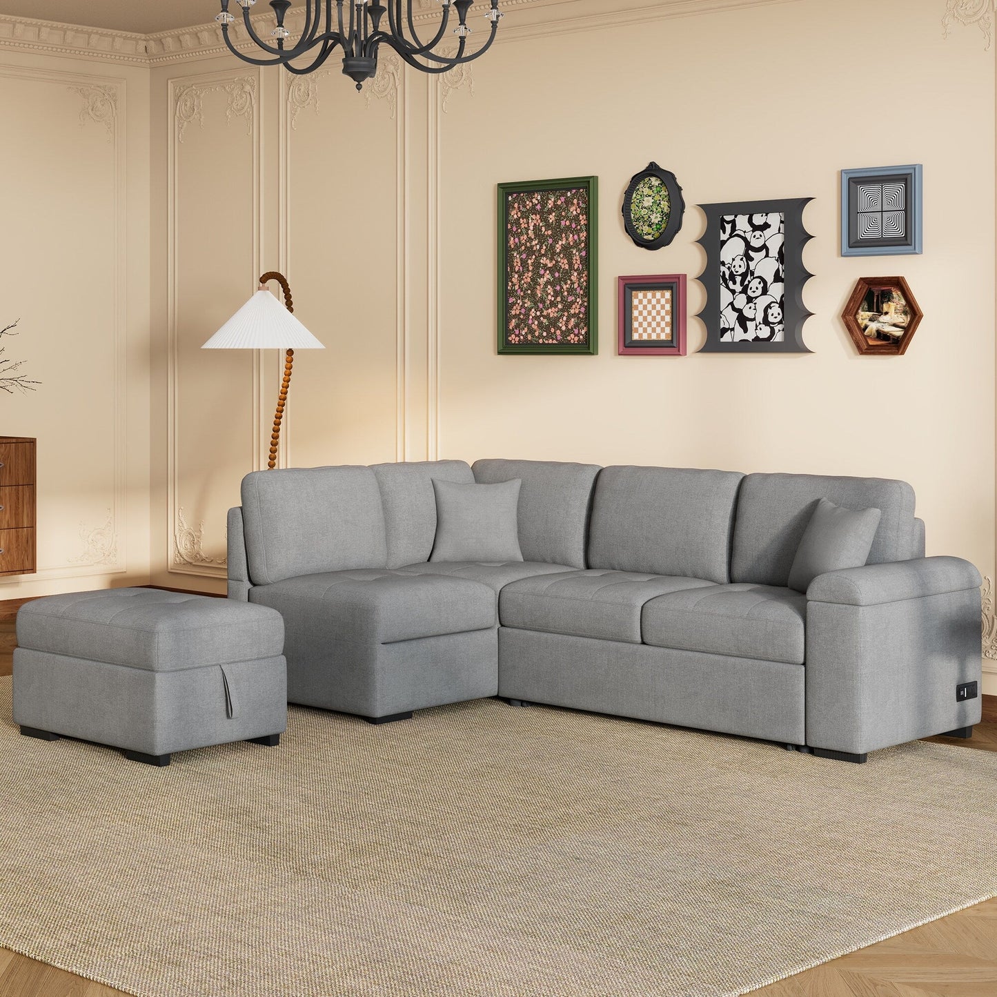 Modern L Shaped Velvet Couch Sleeper, Corner Sectional Sofa Bed with Storage Ottoman & Hidden Arm Storage & USB Charge