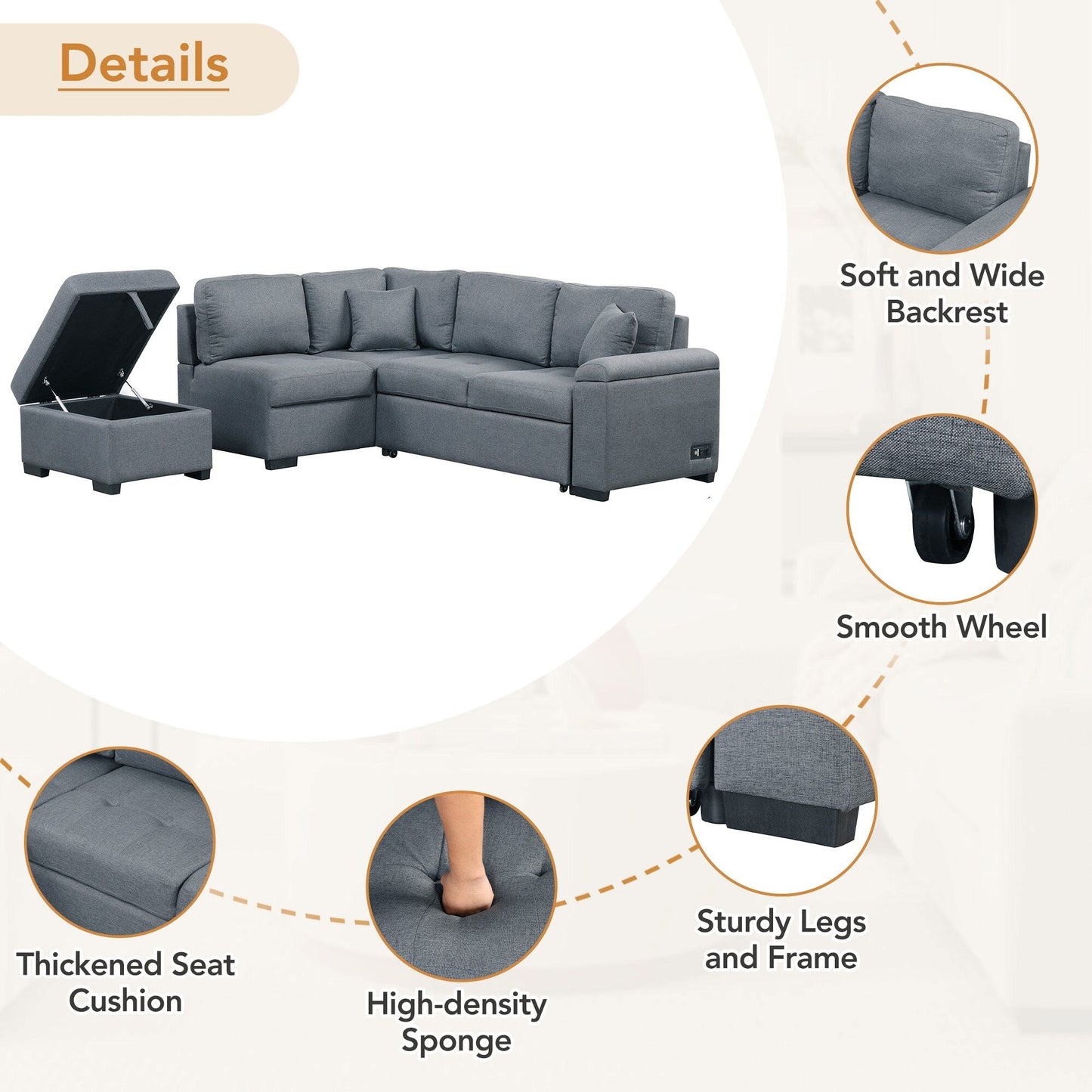 Modern L Shaped Velvet Couch Sleeper, Corner Sectional Sofa Bed with Storage Ottoman & Hidden Arm Storage & USB Charge