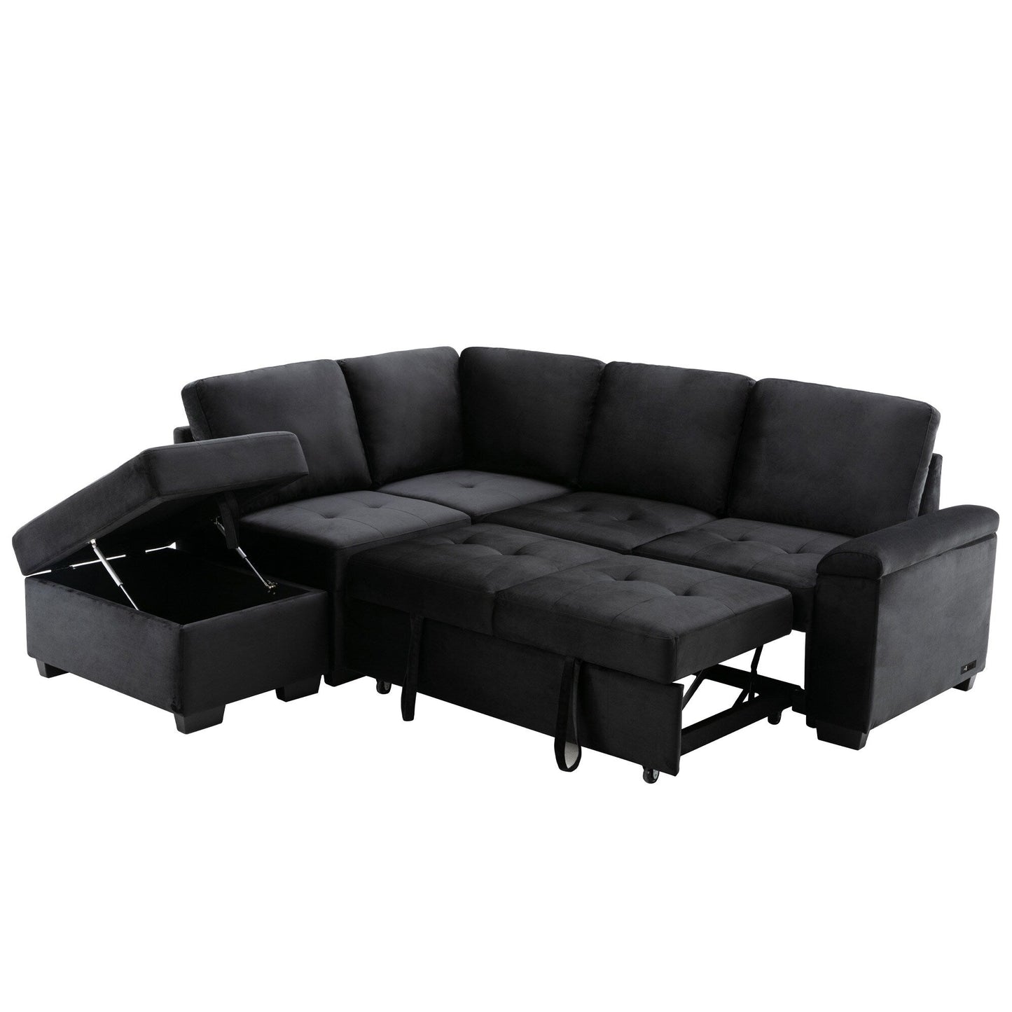 Modern L Shaped Velvet Couch Sleeper, Corner Sectional Sofa Bed with Storage Ottoman & Hidden Arm Storage & USB Charge