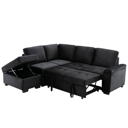 Modern L Shaped Velvet Couch Sleeper, Corner Sectional Sofa Bed with Storage Ottoman & Hidden Arm Storage & USB Charge