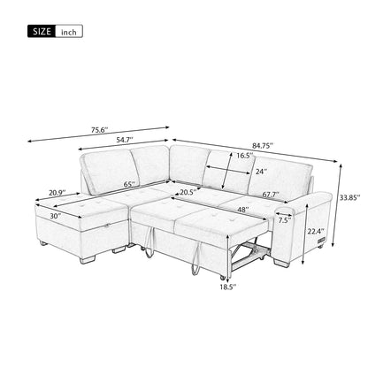 Modern L Shaped Velvet Couch Sleeper, Corner Sectional Sofa Bed with Storage Ottoman & Hidden Arm Storage & USB Charge
