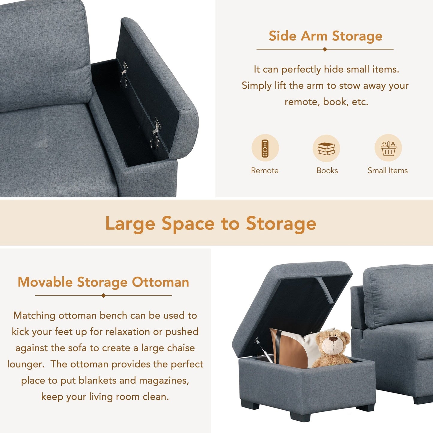 Modern L Shaped Velvet Couch Sleeper, Corner Sectional Sofa Bed with Storage Ottoman & Hidden Arm Storage & USB Charge