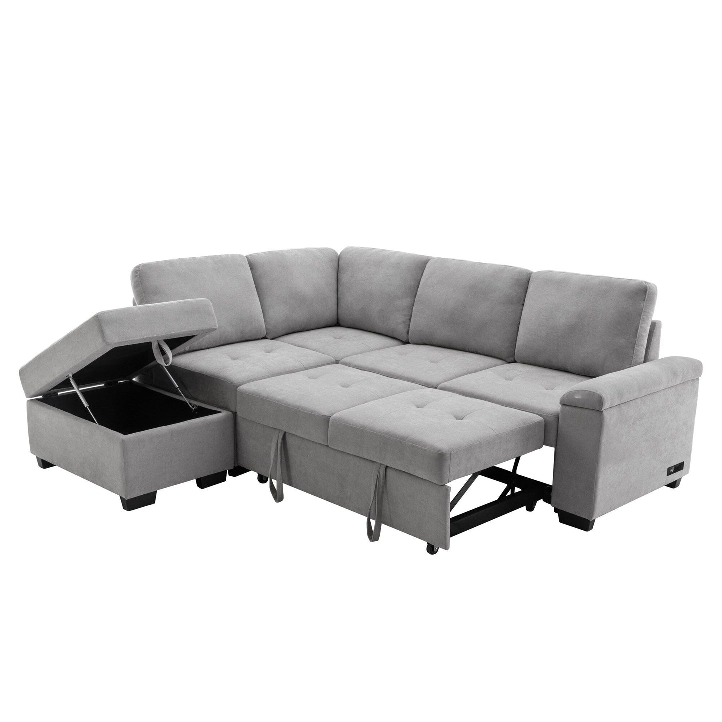 Modern L Shaped Velvet Couch Sleeper, Corner Sectional Sofa Bed with Storage Ottoman & Hidden Arm Storage & USB Charge