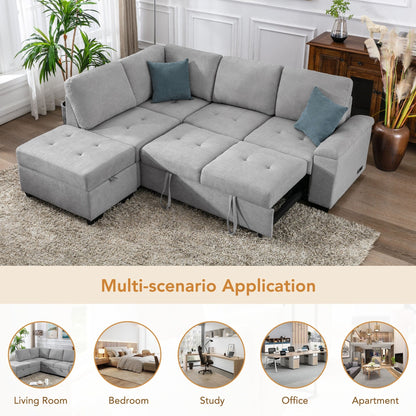 Modern L Shaped Velvet Couch Sleeper, Corner Sectional Sofa Bed with Storage Ottoman & Hidden Arm Storage & USB Charge