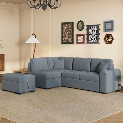 Modern L Shaped Velvet Couch Sleeper, Corner Sectional Sofa Bed with Storage Ottoman & Hidden Arm Storage & USB Charge