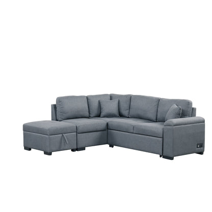Modern L Shaped Velvet Couch Sleeper, Corner Sectional Sofa Bed with Storage Ottoman & Hidden Arm Storage & USB Charge