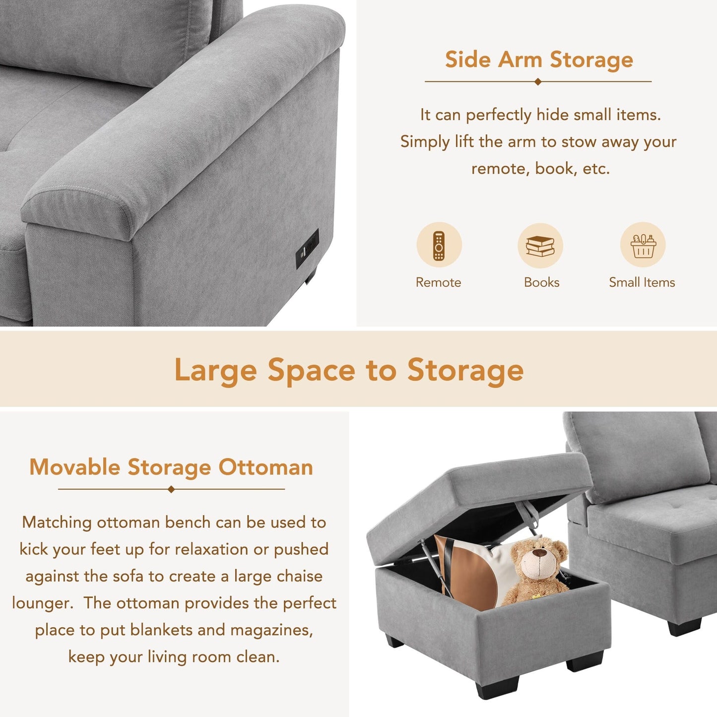 Modern L Shaped Velvet Couch Sleeper, Corner Sectional Sofa Bed with Storage Ottoman & Hidden Arm Storage & USB Charge