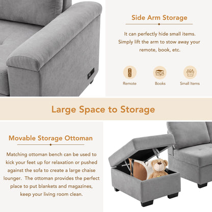 Modern L Shaped Velvet Couch Sleeper, Corner Sectional Sofa Bed with Storage Ottoman & Hidden Arm Storage & USB Charge