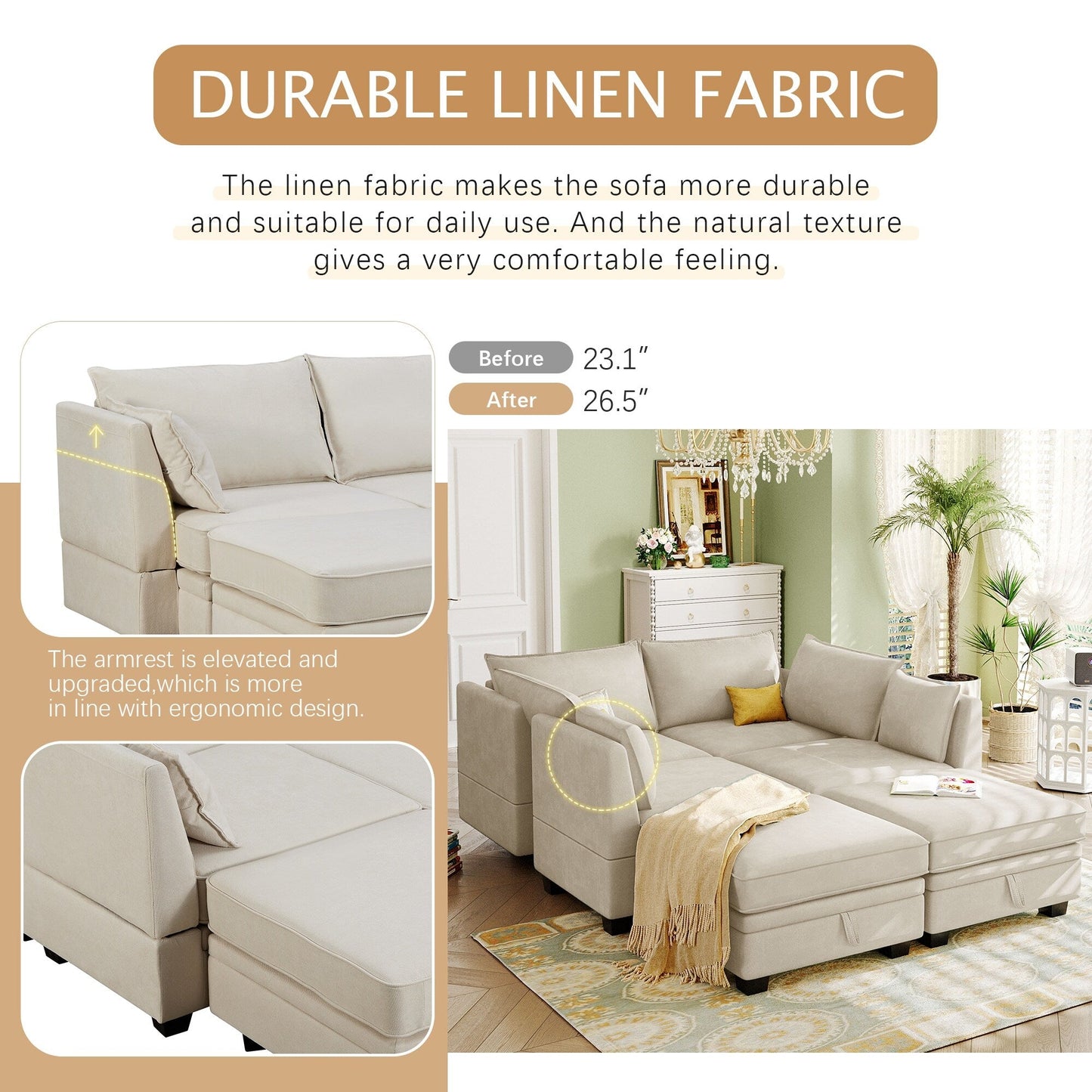 Modern Linen Upholstered Couch, Large U Shape Modular Sectional Sofa Bed with Reversible Chaise for Living Room and Apartment
