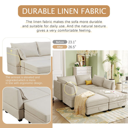 Modern Linen Upholstered Couch, Large U Shape Modular Sectional Sofa Bed with Reversible Chaise for Living Room and Apartment