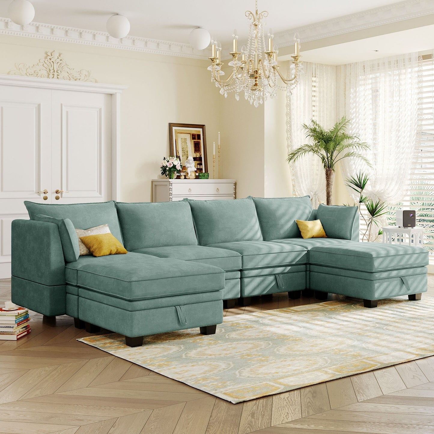Modern Linen Upholstered Couch, Large U Shape Modular Sectional Sofa Bed with Reversible Chaise for Living Room and Apartment