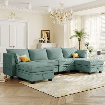 Modern Linen Upholstered Couch, Large U Shape Modular Sectional Sofa Bed with Reversible Chaise for Living Room and Apartment