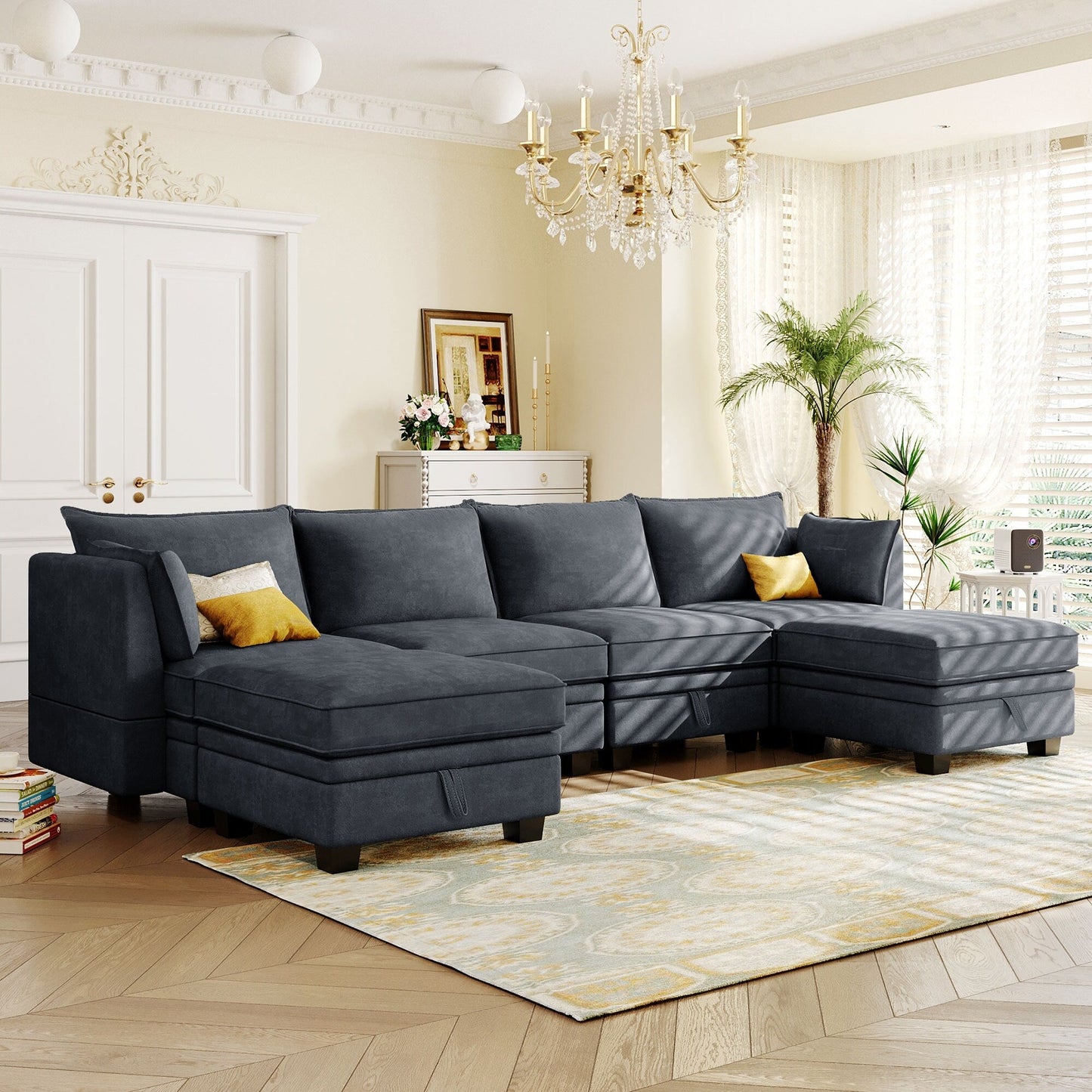 Modern Linen Upholstered Couch, Large U Shape Modular Sectional Sofa Bed with Reversible Chaise for Living Room and Apartment