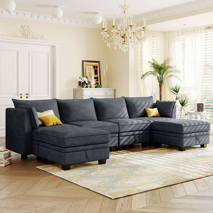 Modern Linen Upholstered Couch, Large U Shape Modular Sectional Sofa Bed with Reversible Chaise for Living Room and Apartment