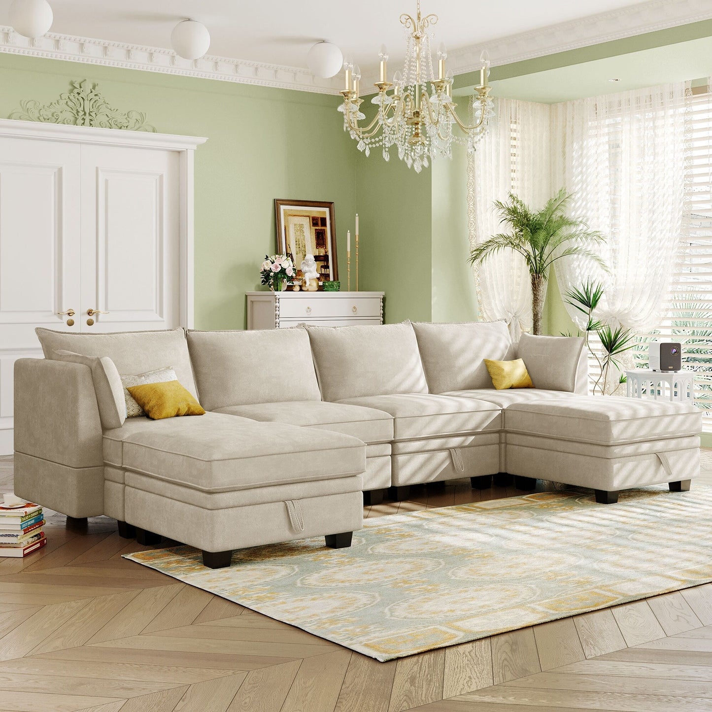 Modern Linen Upholstered Couch, Large U Shape Modular Sectional Sofa Bed with Reversible Chaise for Living Room and Apartment