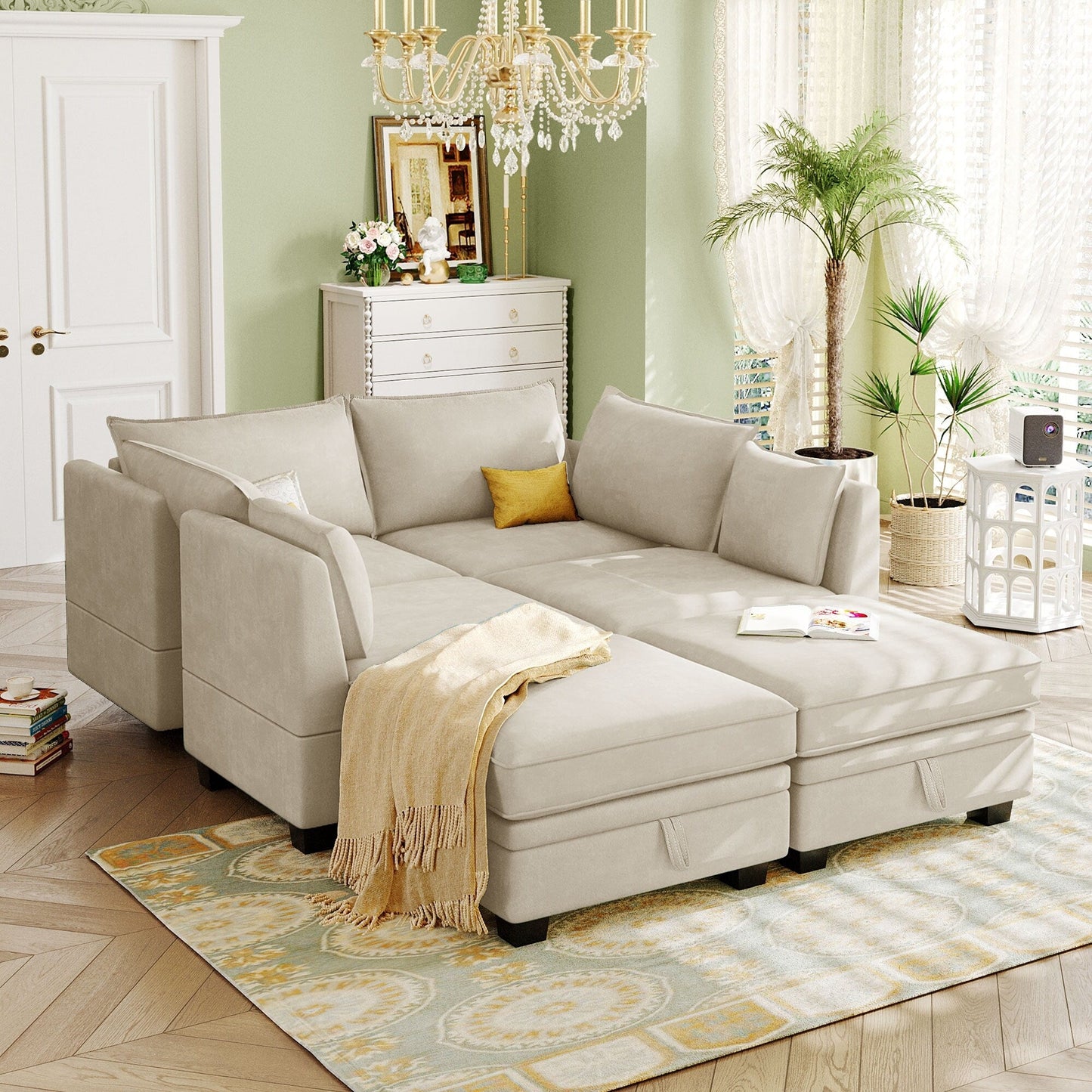 Modern Linen Upholstered Couch, Large U Shape Modular Sectional Sofa Bed with Reversible Chaise for Living Room and Apartment
