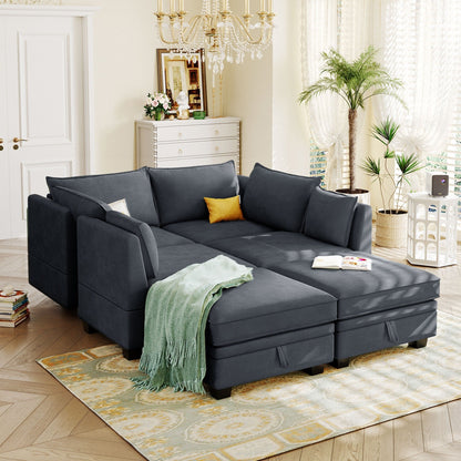 Modern Linen Upholstered Couch, Large U Shape Modular Sectional Sofa Bed with Reversible Chaise for Living Room and Apartment