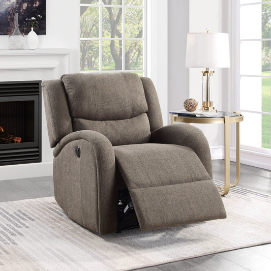 Modern Living Room Furniture 1pc Power Reclining Chair Brown Chenille Upholstery Plush Seating Solid Wood Frame