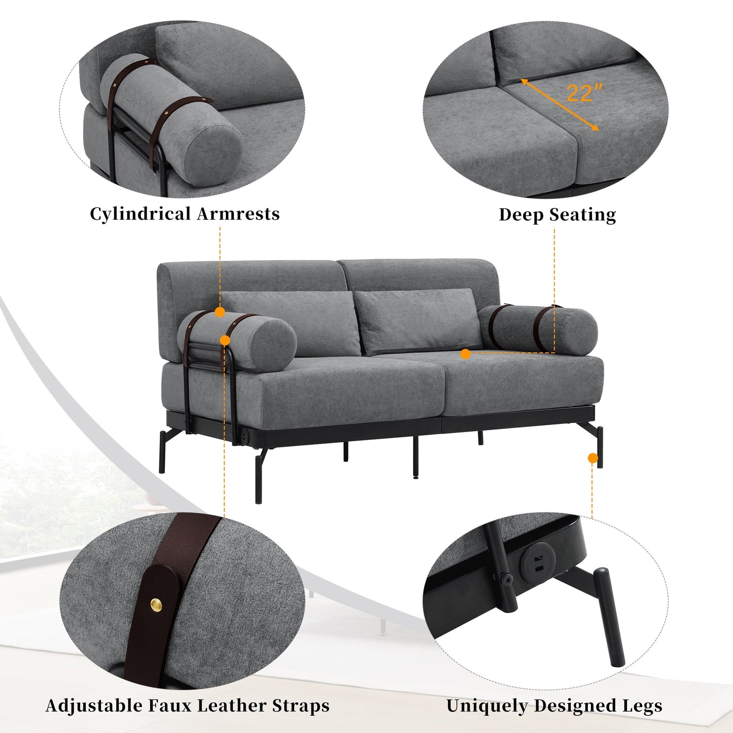Modern Loveseat Sofa 59 Sofa Couch 2-Seater Sofa with Flexible USB Ports , Unique Cylindrical Armrests for Living Room, Grey