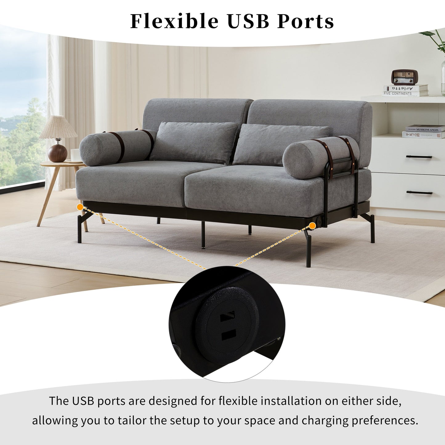 Modern Loveseat Sofa 59 Sofa Couch 2-Seater Sofa with Flexible USB Ports , Unique Cylindrical Armrests for Living Room, Grey