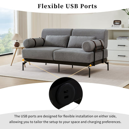 Modern Loveseat Sofa 59 Sofa Couch 2-Seater Sofa with Flexible USB Ports , Unique Cylindrical Armrests for Living Room, Grey