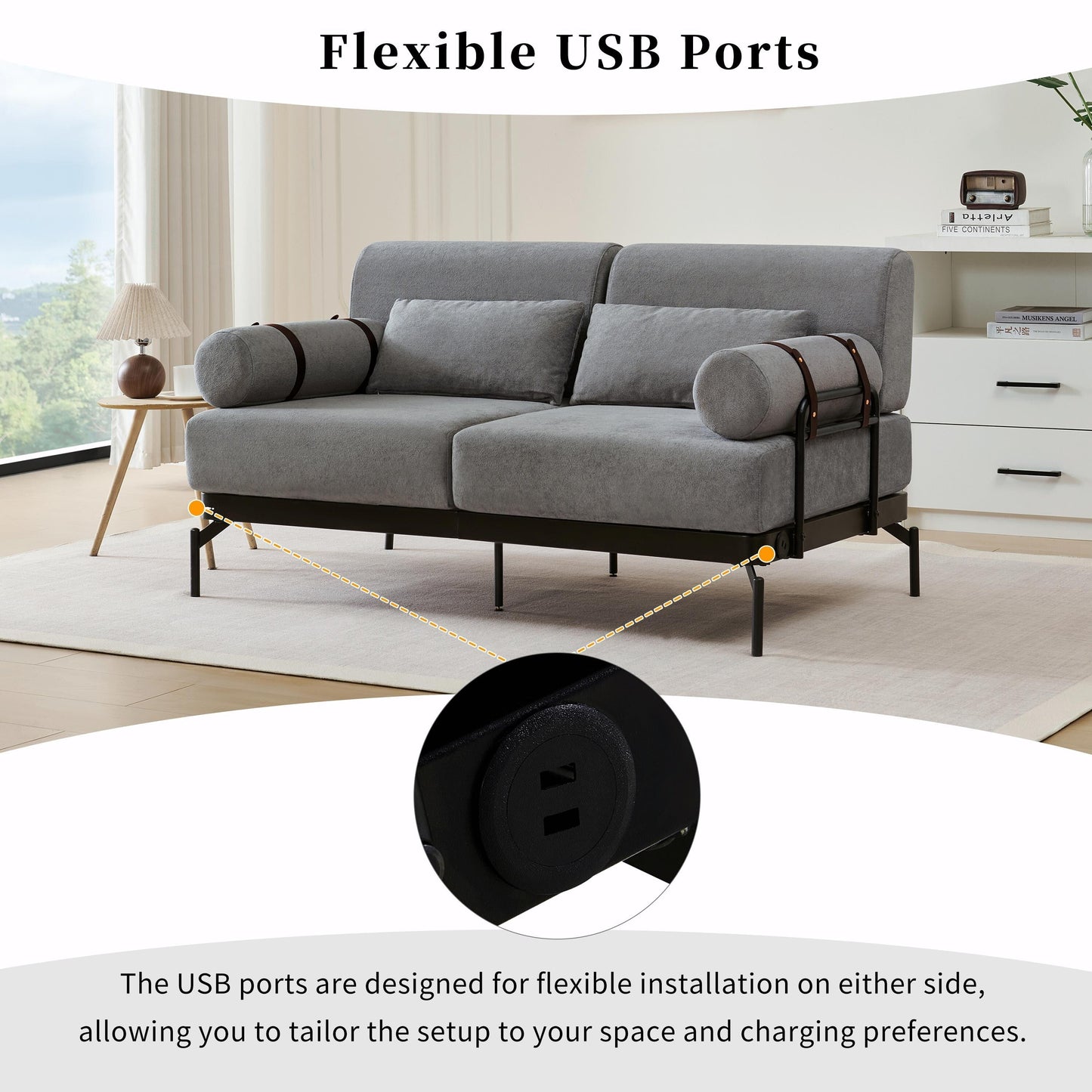 Modern Loveseat Sofa 59 Sofa Couch 2-Seater with Flexible USB Ports and Unique Cylindrical Armrests