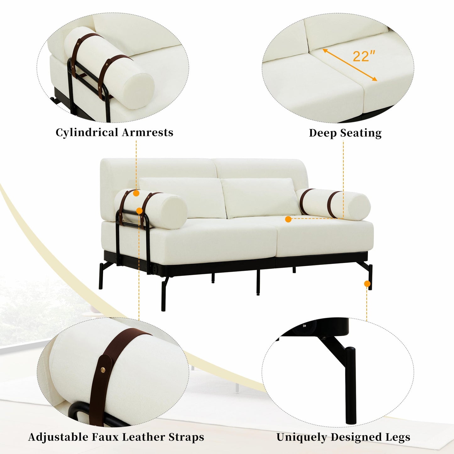Modern Loveseat Sofa 59 Sofa Couch 2-Seater with Flexible USB Ports and Unique Cylindrical Armrests