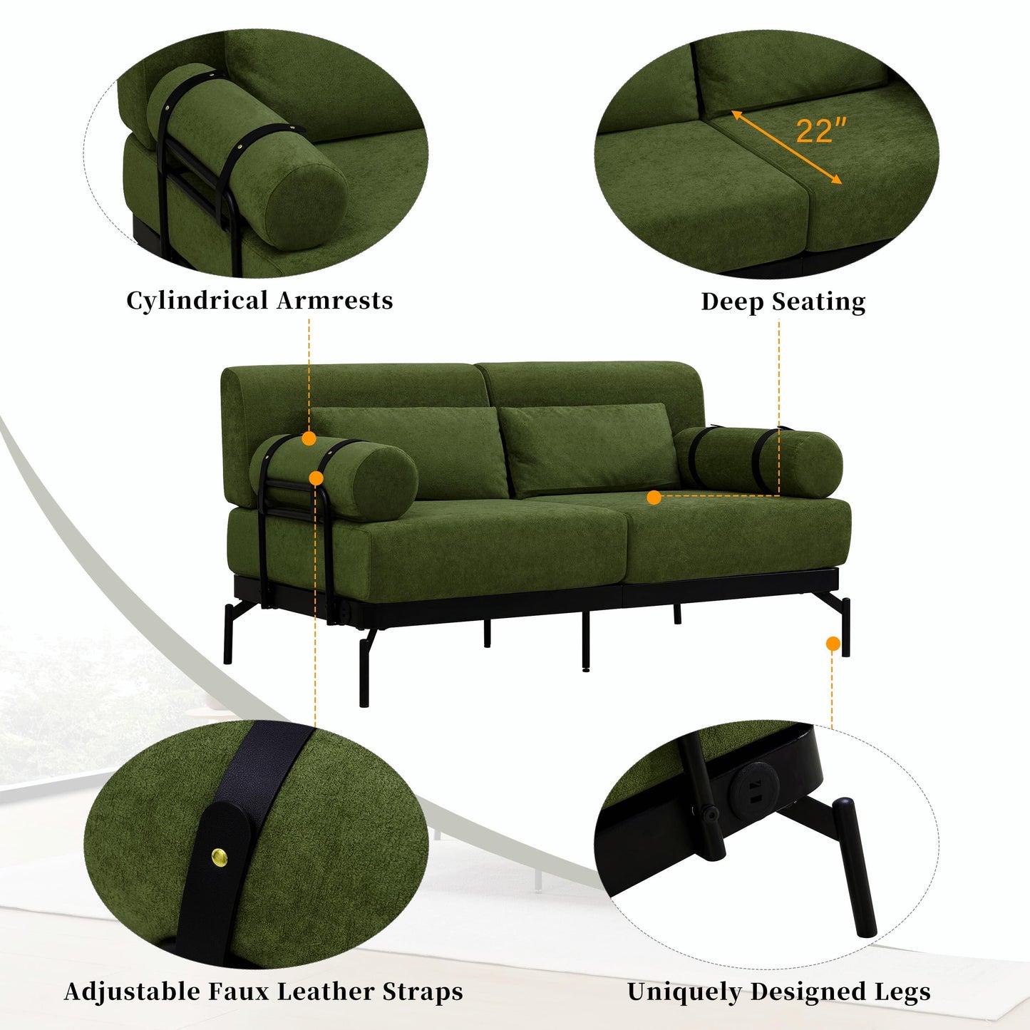Modern Loveseat Sofa 59 Sofa Couch 2-Seater with Flexible USB Ports and Unique Cylindrical Armrests
