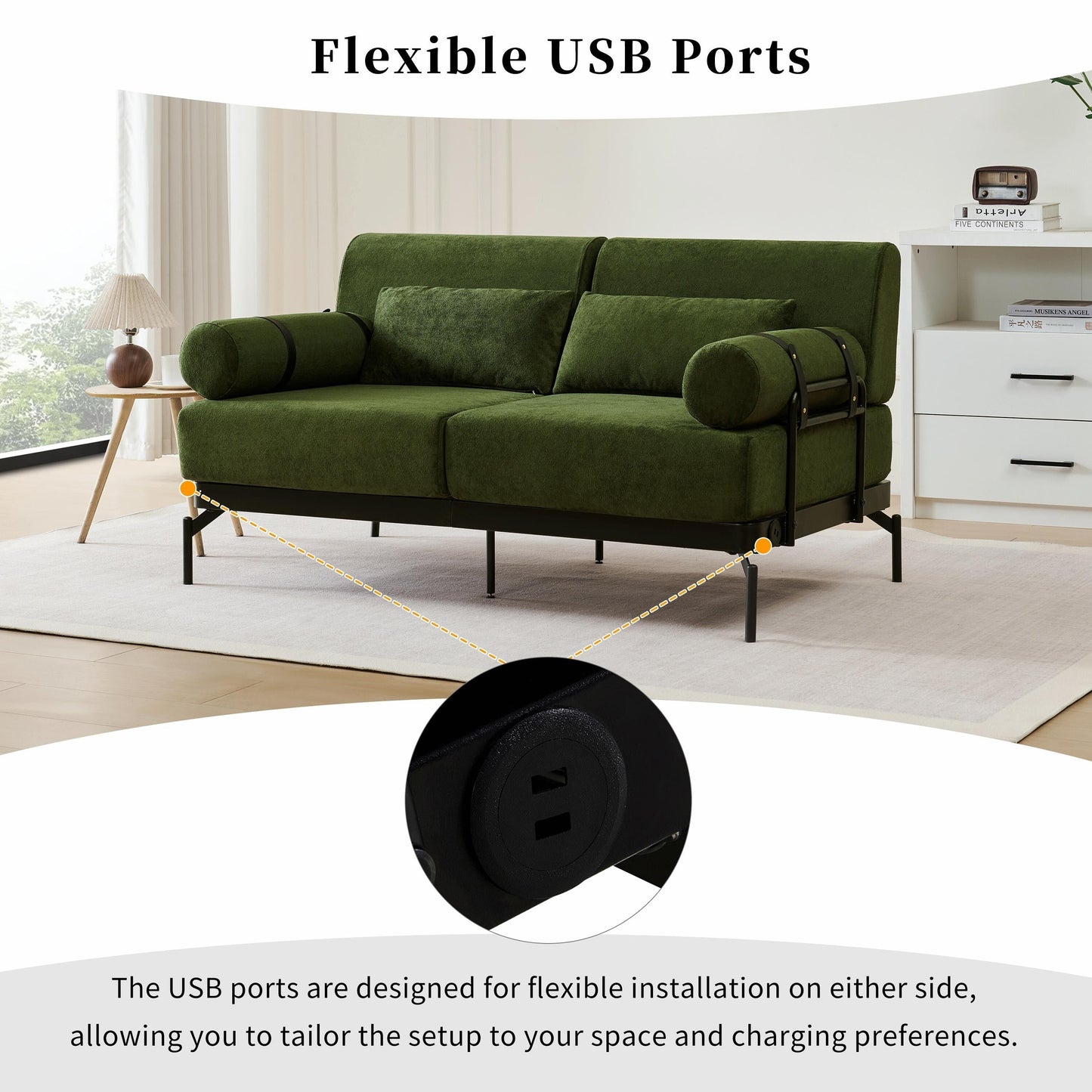 Modern Loveseat Sofa 59 Sofa Couch 2-Seater with Flexible USB Ports and Unique Cylindrical Armrests