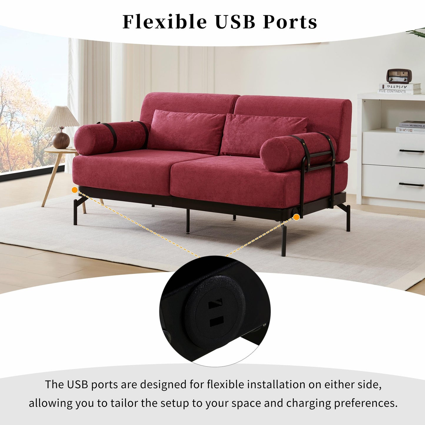 Modern Loveseat Sofa 59 Sofa Couch 2-Seater with Flexible USB Ports and Unique Cylindrical Armrests
