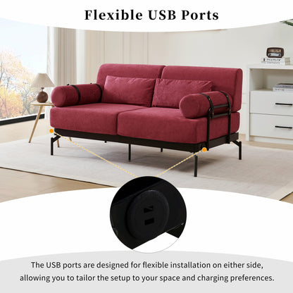 Modern Loveseat Sofa 59 Sofa Couch 2-Seater with Flexible USB Ports and Unique Cylindrical Armrests
