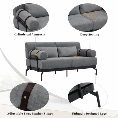 Modern Loveseat Sofa 59 Sofa Couch 2-Seater with Flexible USB Ports and Unique Cylindrical Armrests
