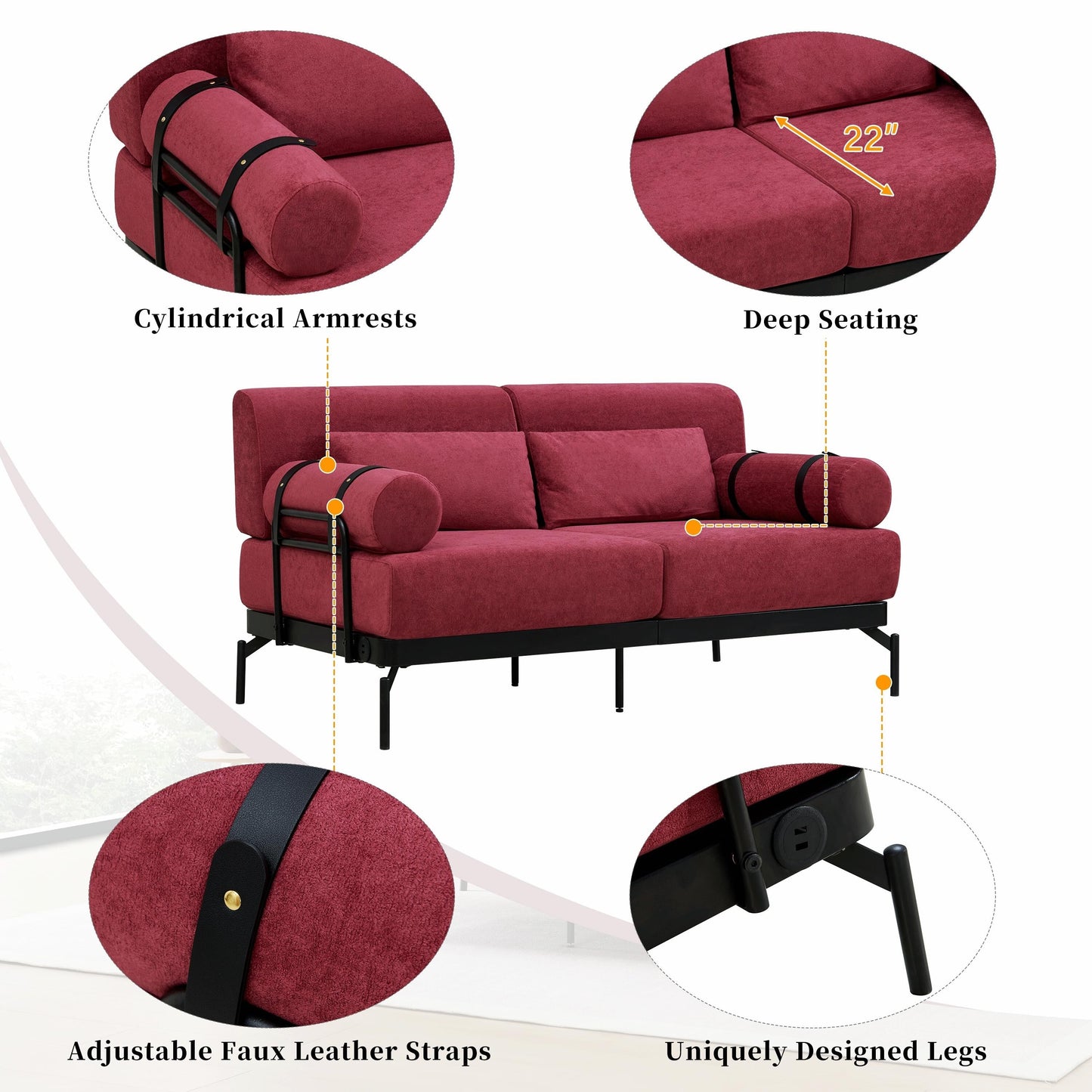 Modern Loveseat Sofa 59 Sofa Couch 2-Seater with Flexible USB Ports and Unique Cylindrical Armrests