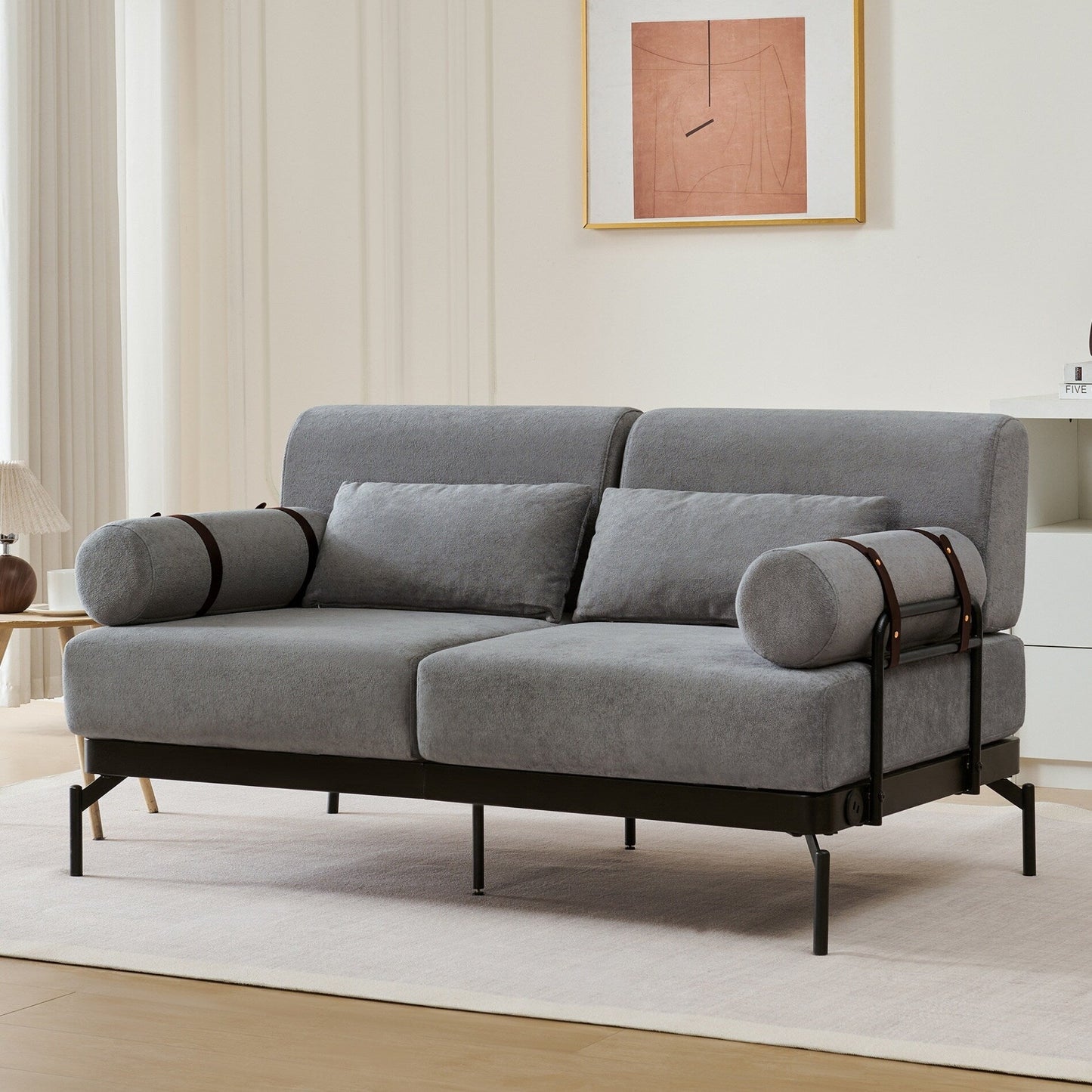 Modern Loveseat Sofa with Flexible USB Ports and Unique Cylindrical Armrests