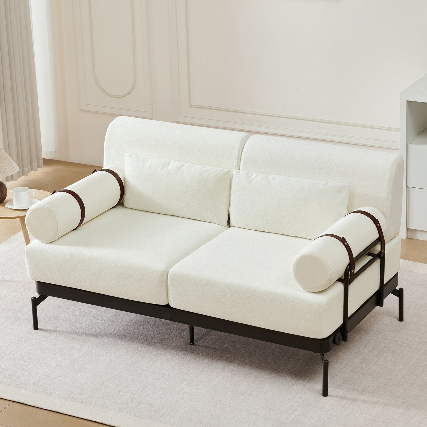 Modern Loveseat Sofa with Flexible USB Ports and Unique Cylindrical Armrests