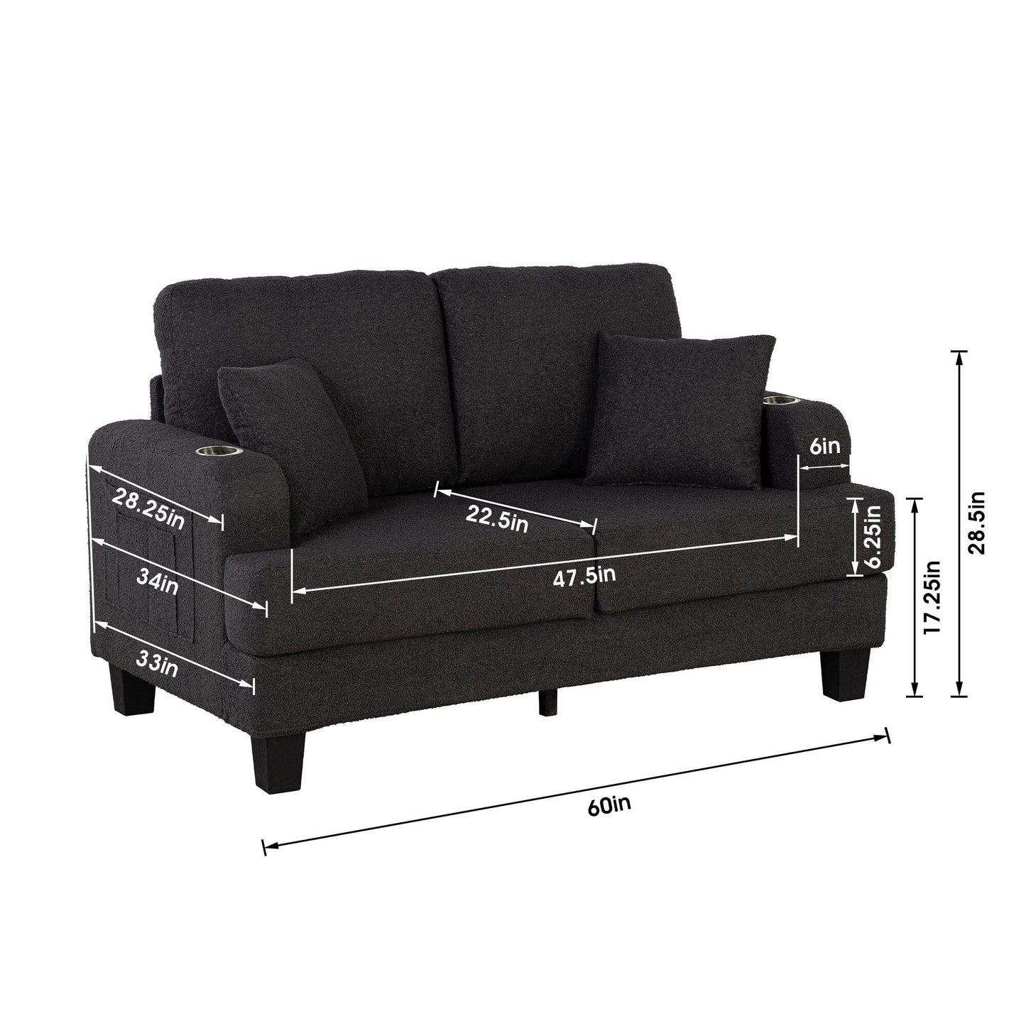 Modern Black Fabric Loveset with 2 Cup Holder and 2 Pillows