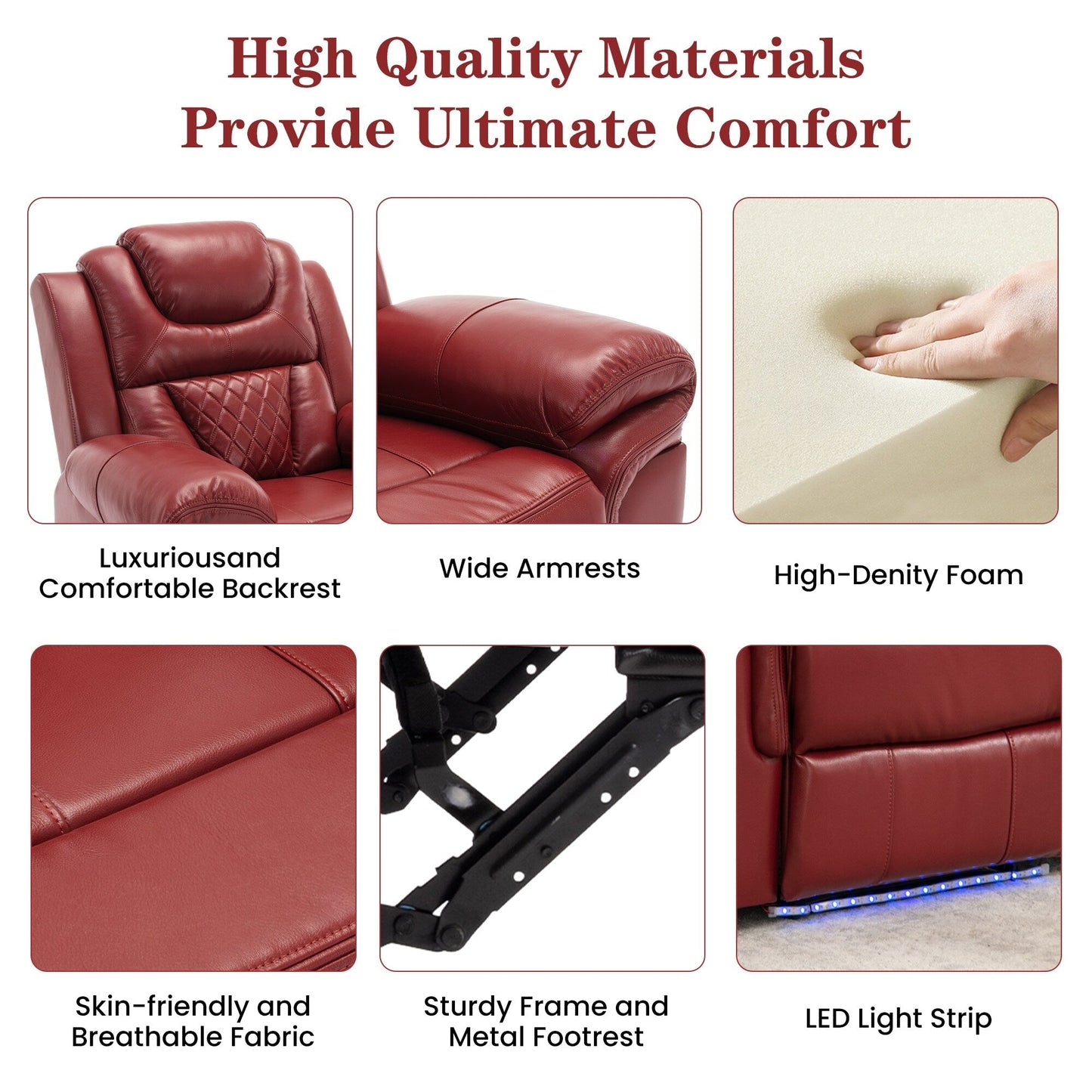 Modern Manual Home Theater Recliner Chair with LED Light Strip, Adjustable Backrest and Footrest for Living Room or Bedroom