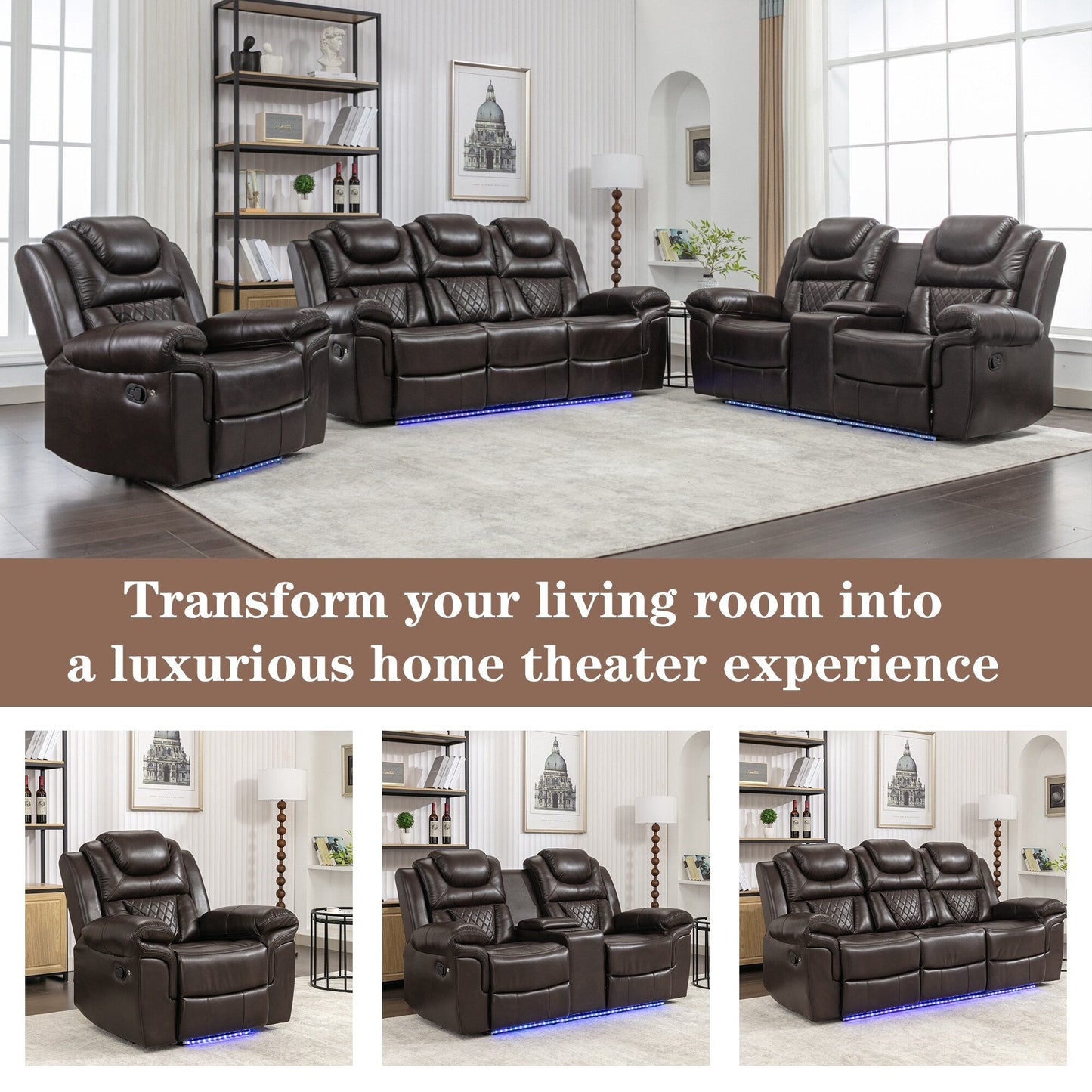 Modern Manual Home Theater Recliner Chair with LED Light Strip, Adjustable Backrest and Footrest for Living Room or Bedroom