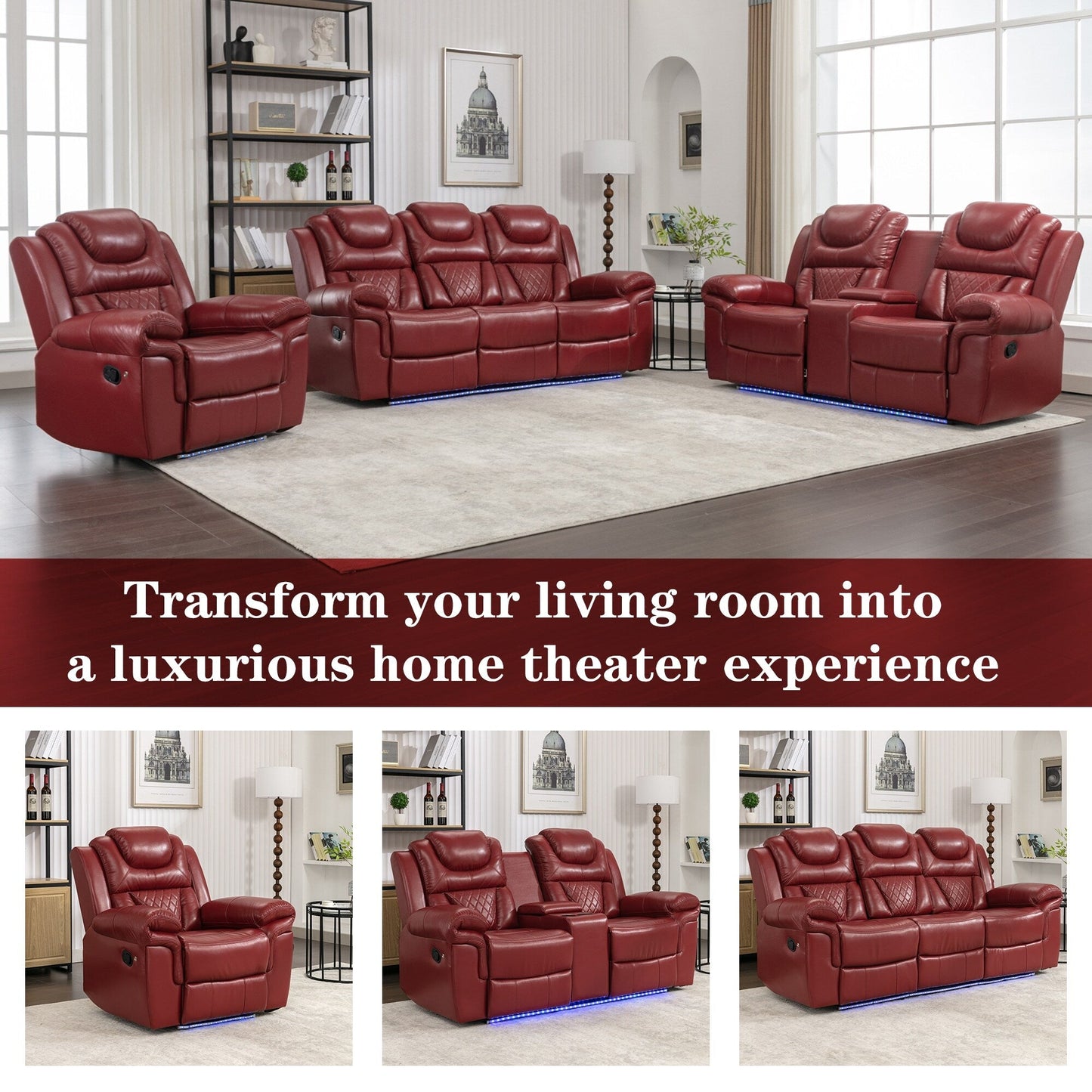 Modern Manual Home Theater Recliner Chair with LED Light Strip, Adjustable Backrest and Footrest for Living Room or Bedroom