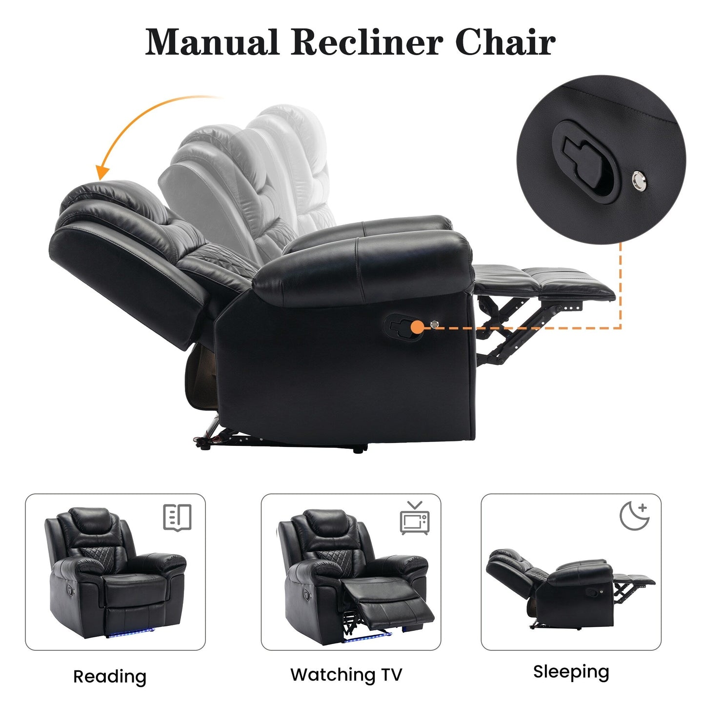 Modern Manual Home Theater Recliner Chair with LED Light Strip, Adjustable Backrest and Footrest for Living Room or Bedroom