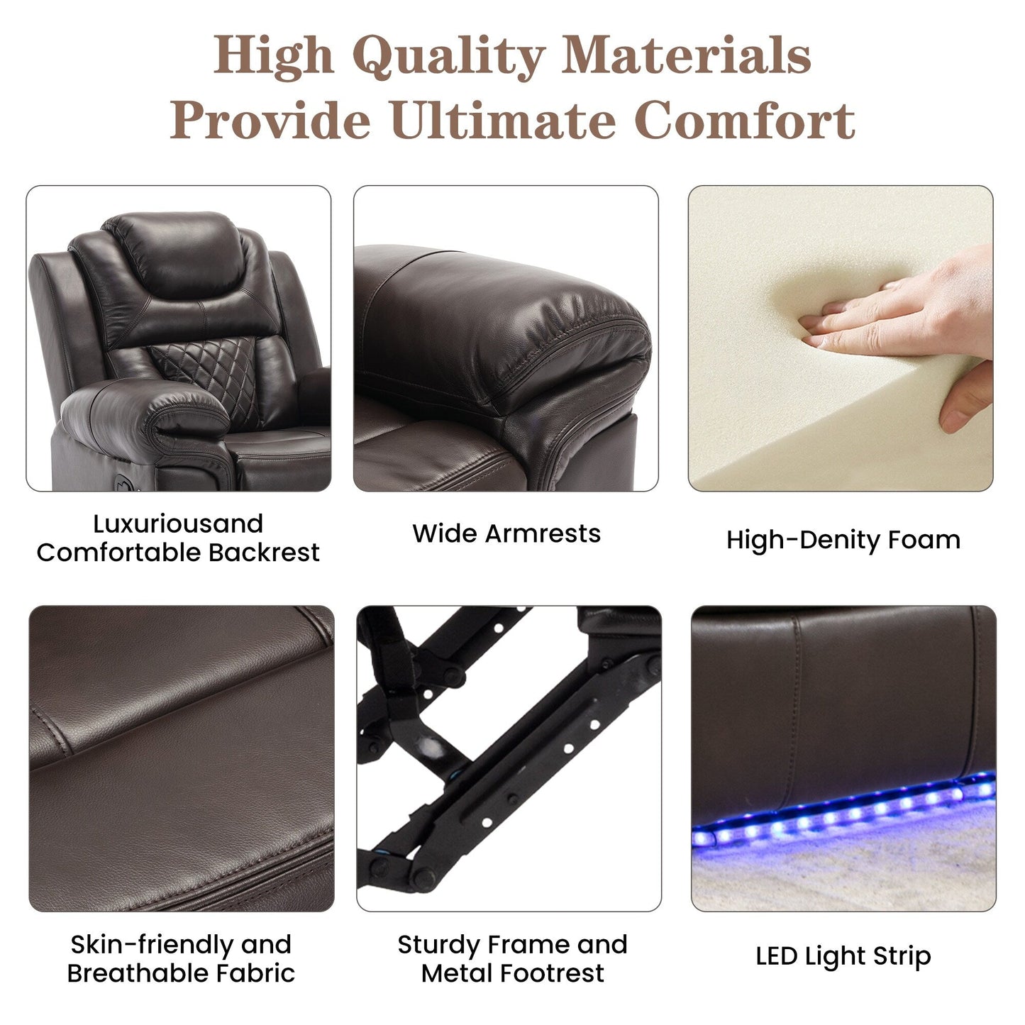 Modern Manual Home Theater Recliner Chair with LED Light Strip, Adjustable Backrest and Footrest for Living Room or Bedroom