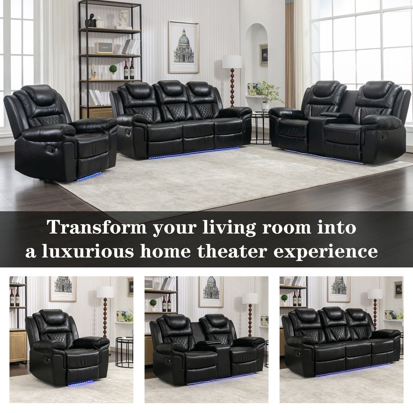 Modern Manual Home Theater Recliner Chair with LED Light Strip, Adjustable Backrest and Footrest for Living Room or Bedroom