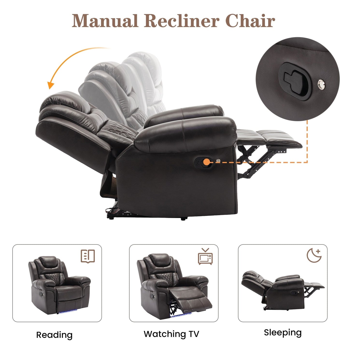 Modern Manual Home Theater Recliner Chair with LED Light Strip, Adjustable Backrest and Footrest for Living Room or Bedroom